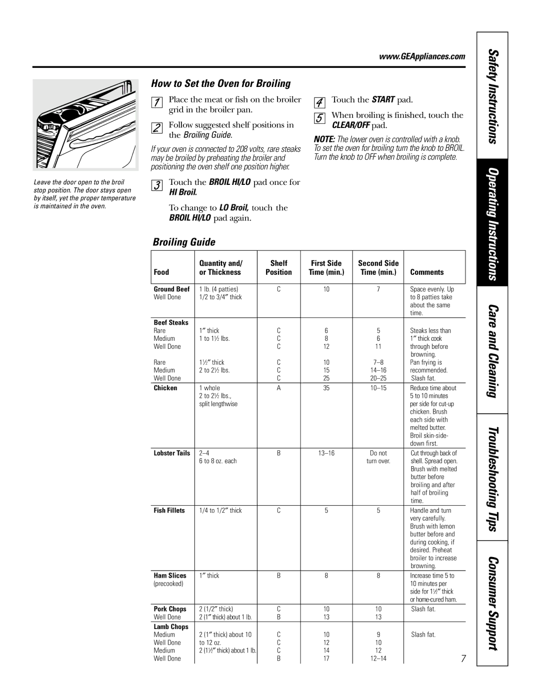 GE JRP 28 owner manual Instructions Operating, How to Set the Oven for Broiling, Broiling Guide, Safety, HI Broil 