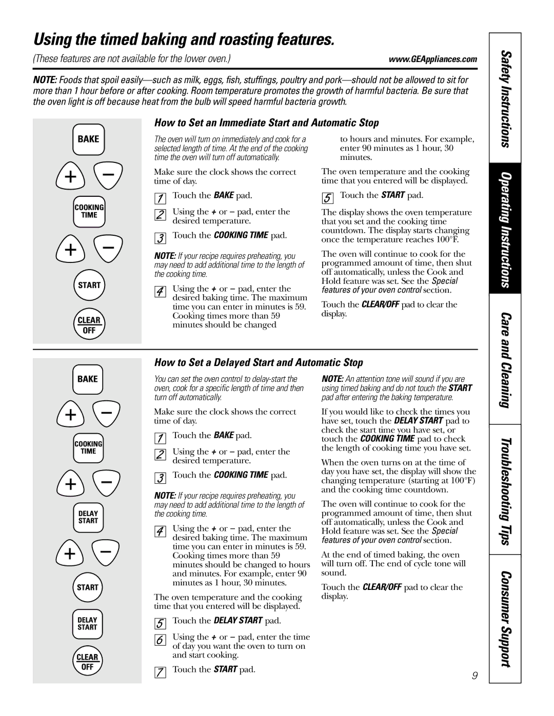 GE JRP 28 owner manual Using the timed baking and roasting features, Cleaning Troubleshooting Tips Consumer Support 