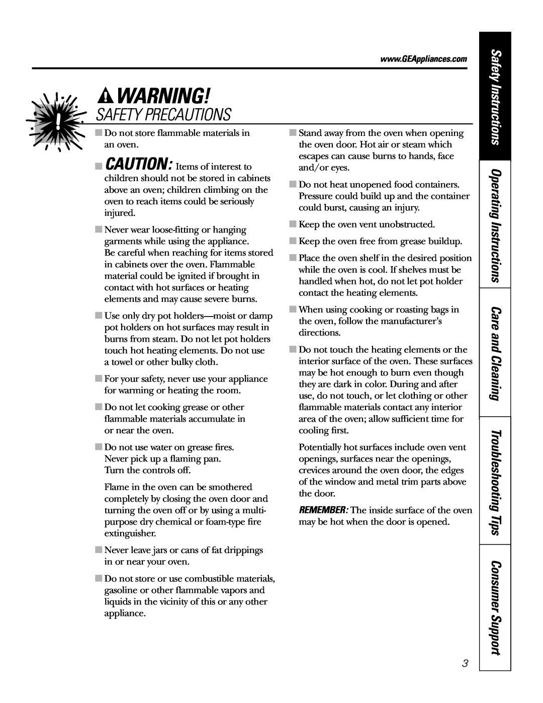 GE JRP 28 owner manual Safety Precautions, Do not store flammable materials in an oven 
