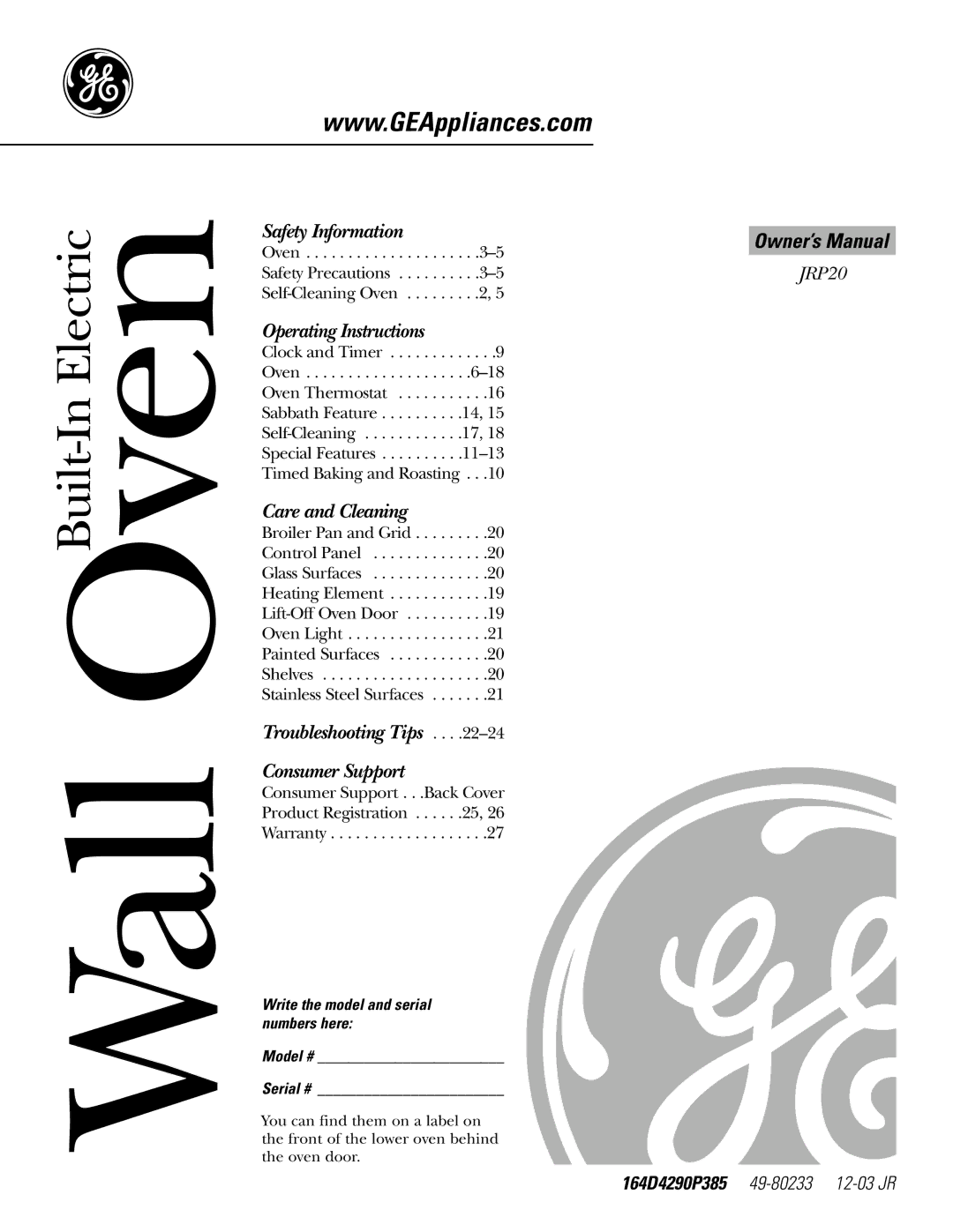 GE JRP20 owner manual Wall OvenBuilt-In Electric, Write the model and serial numbers here Model # Serial # 