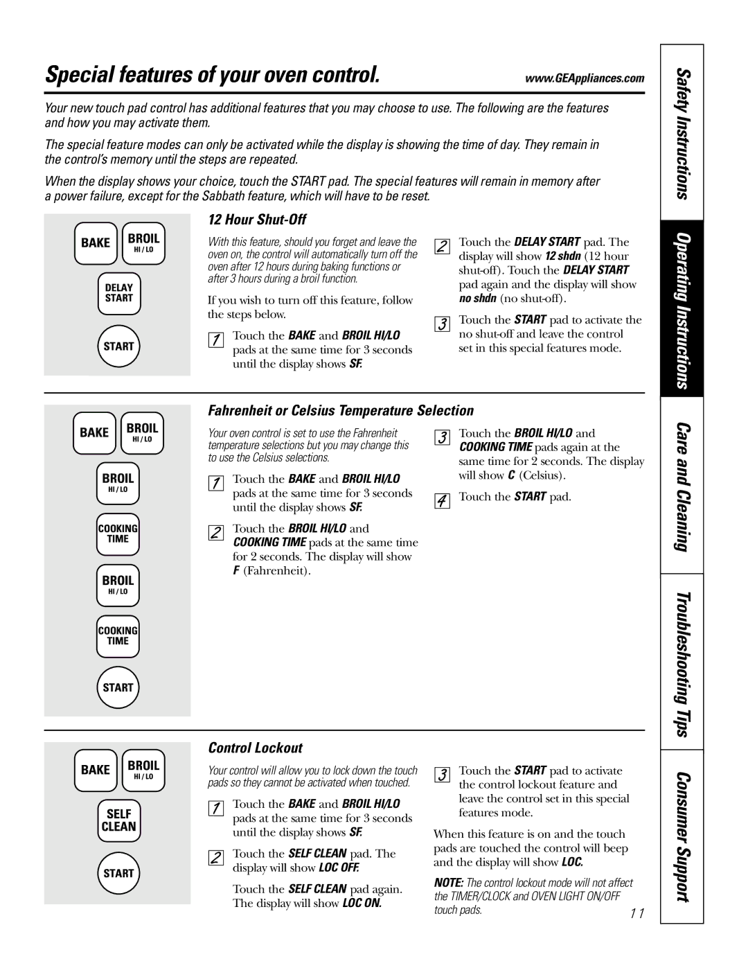 GE JRP20 Special features of your oven control, Care and Cleaning Troubleshooting Tips, Hour Shut-Off, Control Lockout 