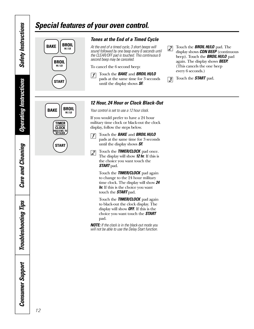 GE JRP20 Tones at the End of a Timed Cycle, Hour, 24 Hour or Clock Black-Out, Your control is set to use a 12 hour clock 