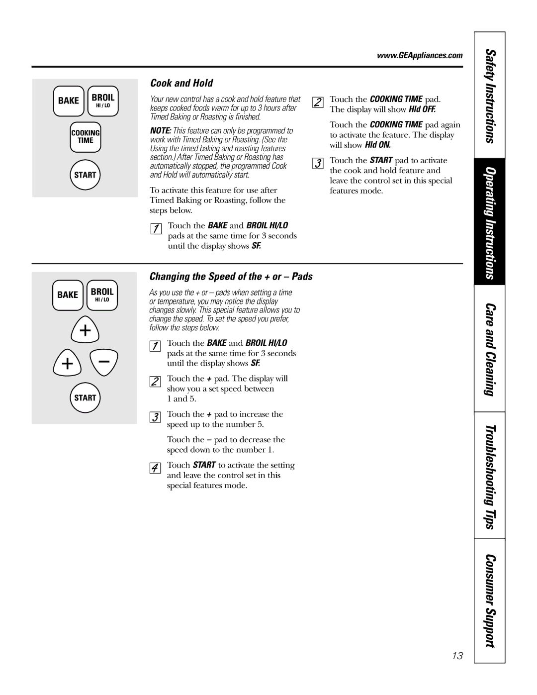 GE JRP20 owner manual Cook and Hold, Changing the Speed of the + or Pads 