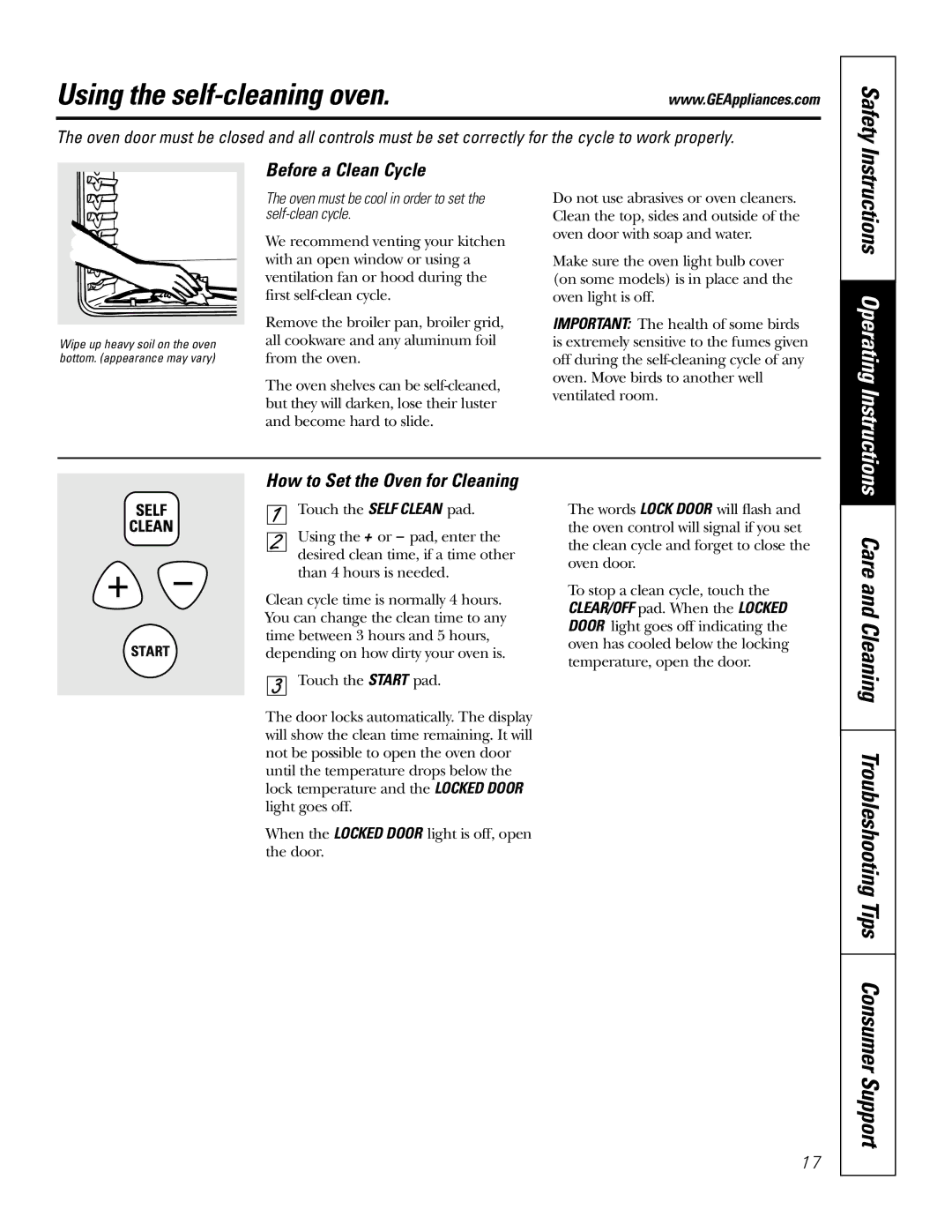 GE JRP20 Using the self-cleaning oven, Care and Cleaning Troubleshooting Tips Consumer Support, Before a Clean Cycle 