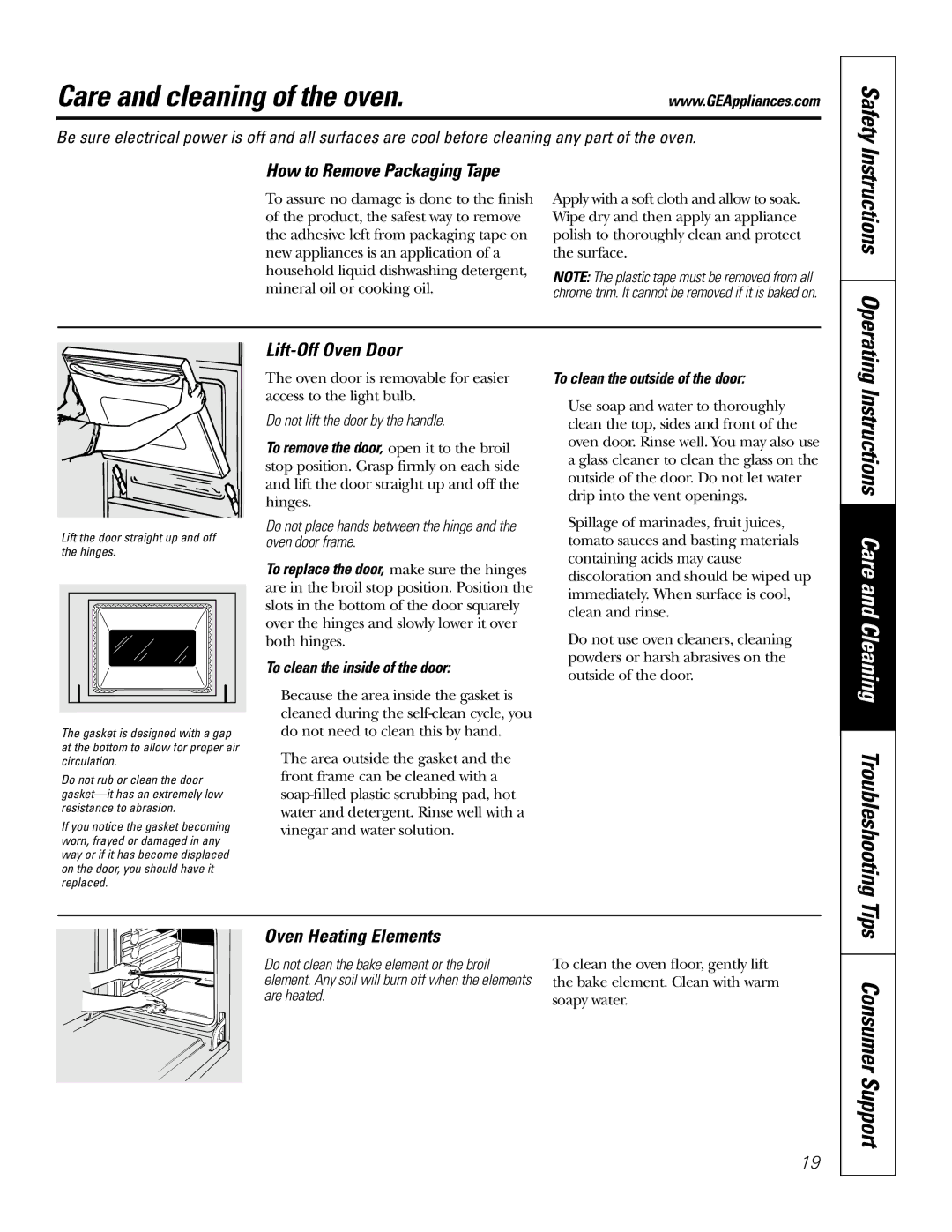 GE JRP20 Care and cleaning of the oven, Instructions Care and Cleaning Troubleshooting Tips, How to Remove Packaging Tape 