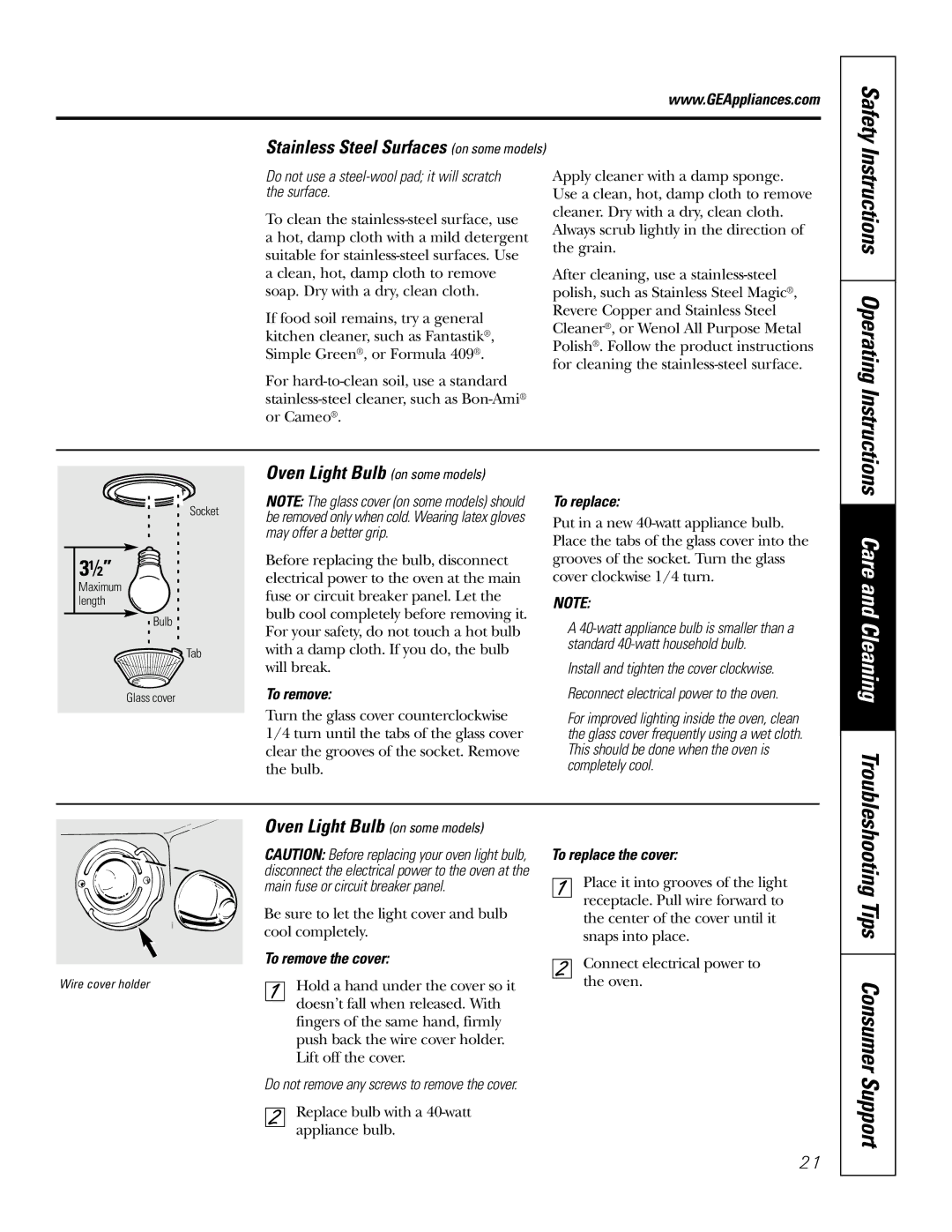 GE JRP20 owner manual Care and Cleaning, Troubleshooting Tips Consumer Support, Stainless Steel Surfaces on some models 