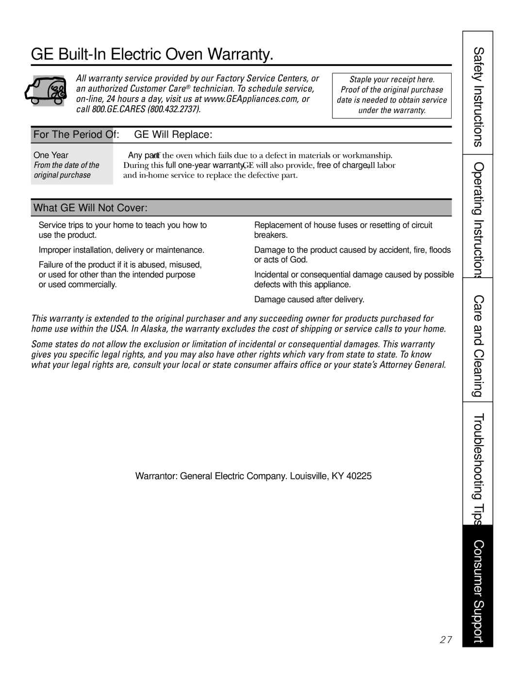 GE JRP20 GE Built-In Electric Oven Warranty, Safety Instructions Operating, GE Will Replace, What GE Will Not Cover 