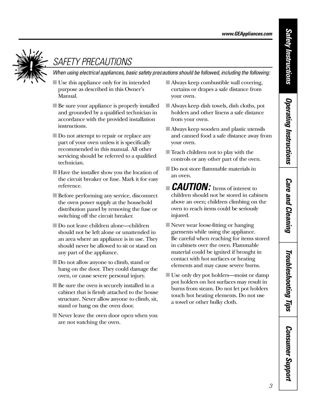 GE JRP20 owner manual Safety Precautions, Safety Instructions 