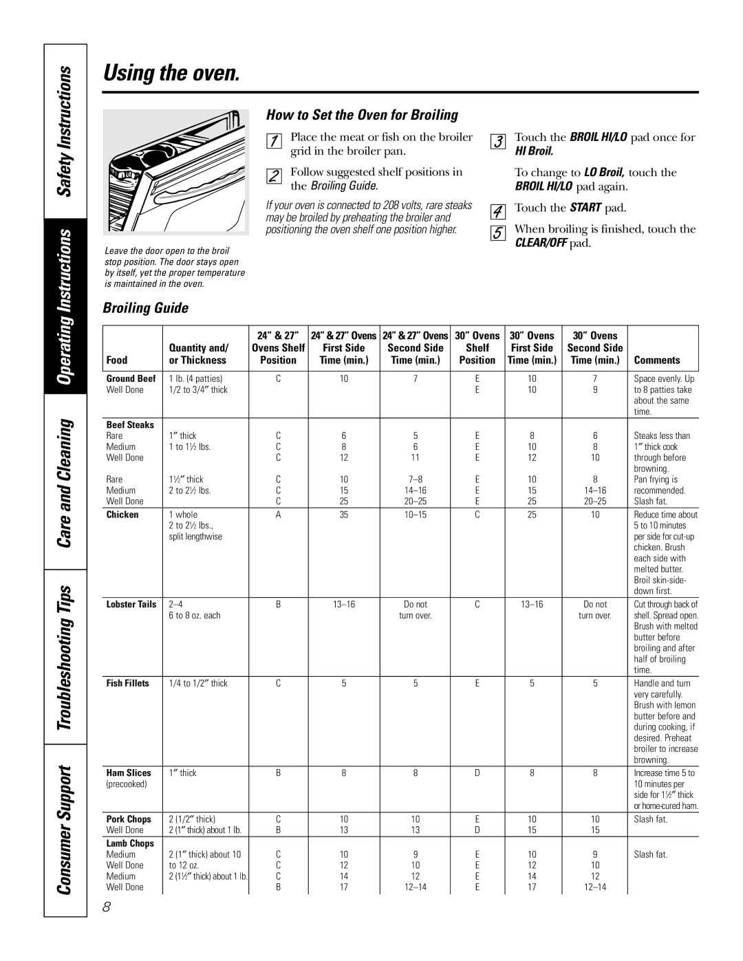 GE JRP20 Instructions Safety, How to Set the Oven for Broiling, Broiling Guide, HI Broil, Broil HI/LO pad again 