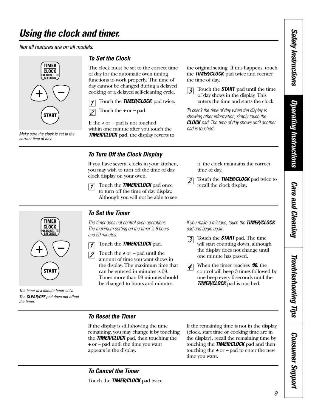 GE JRP20 owner manual Using the clock and timer, Consumer 