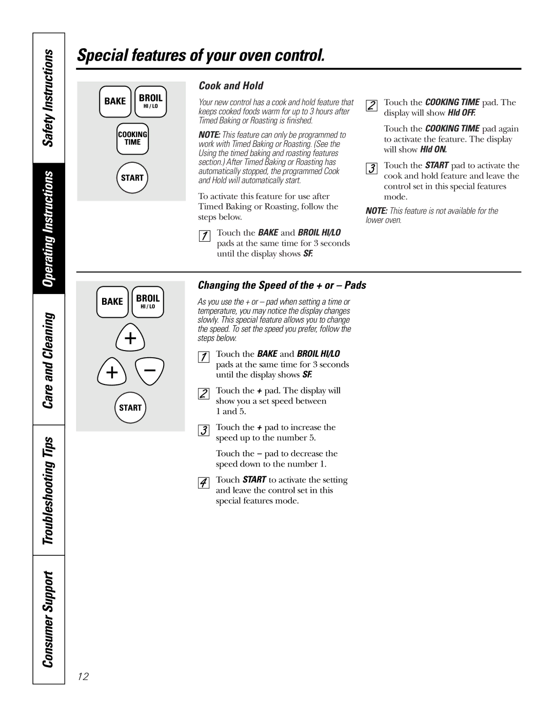 GE JRP28 Consumer Support Troubleshooting Tips Care and Cleaning, Cook and Hold, Changing the Speed of the + or Pads 