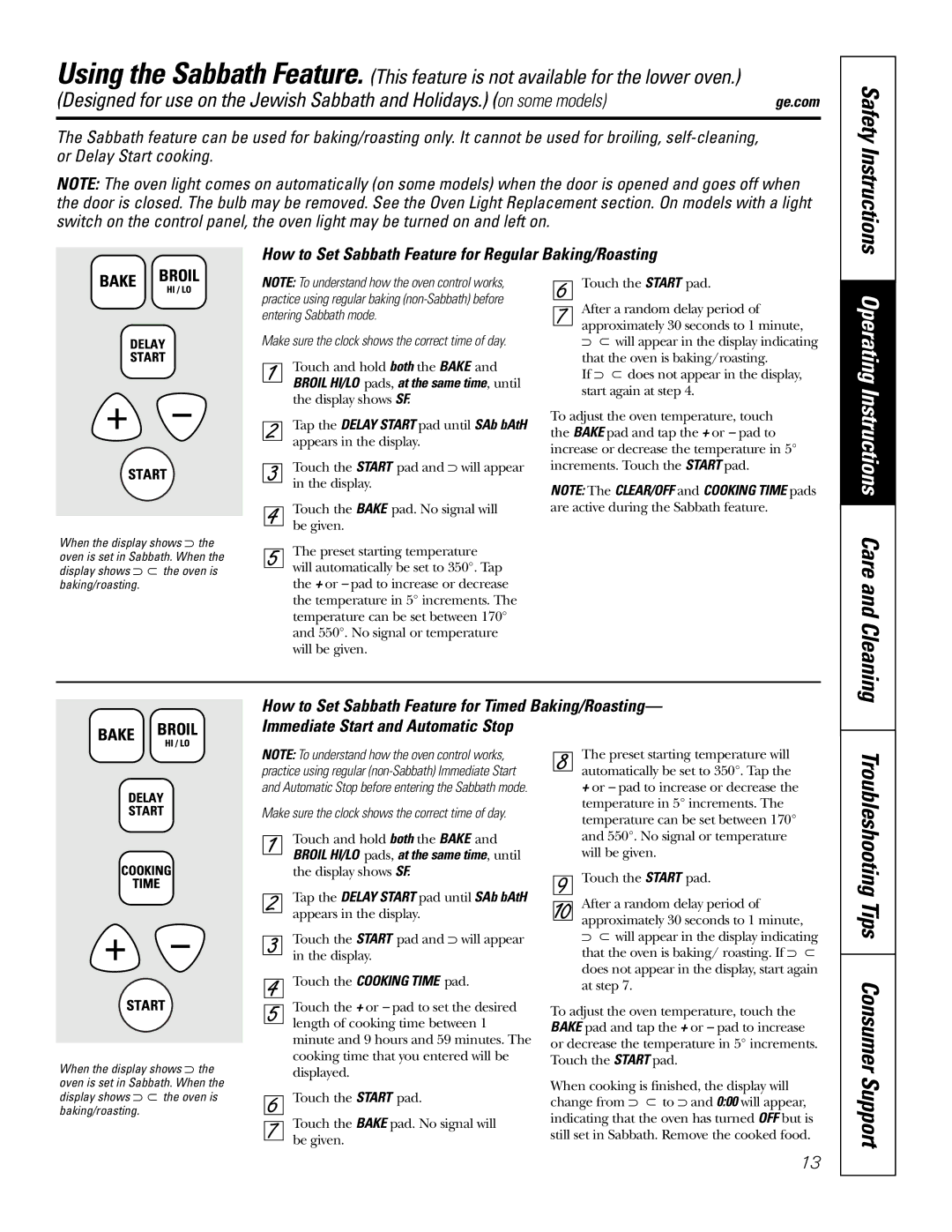 GE JRP28 owner manual Safety Instructions, How to Set Sabbath Feature for Regular Baking/Roasting 