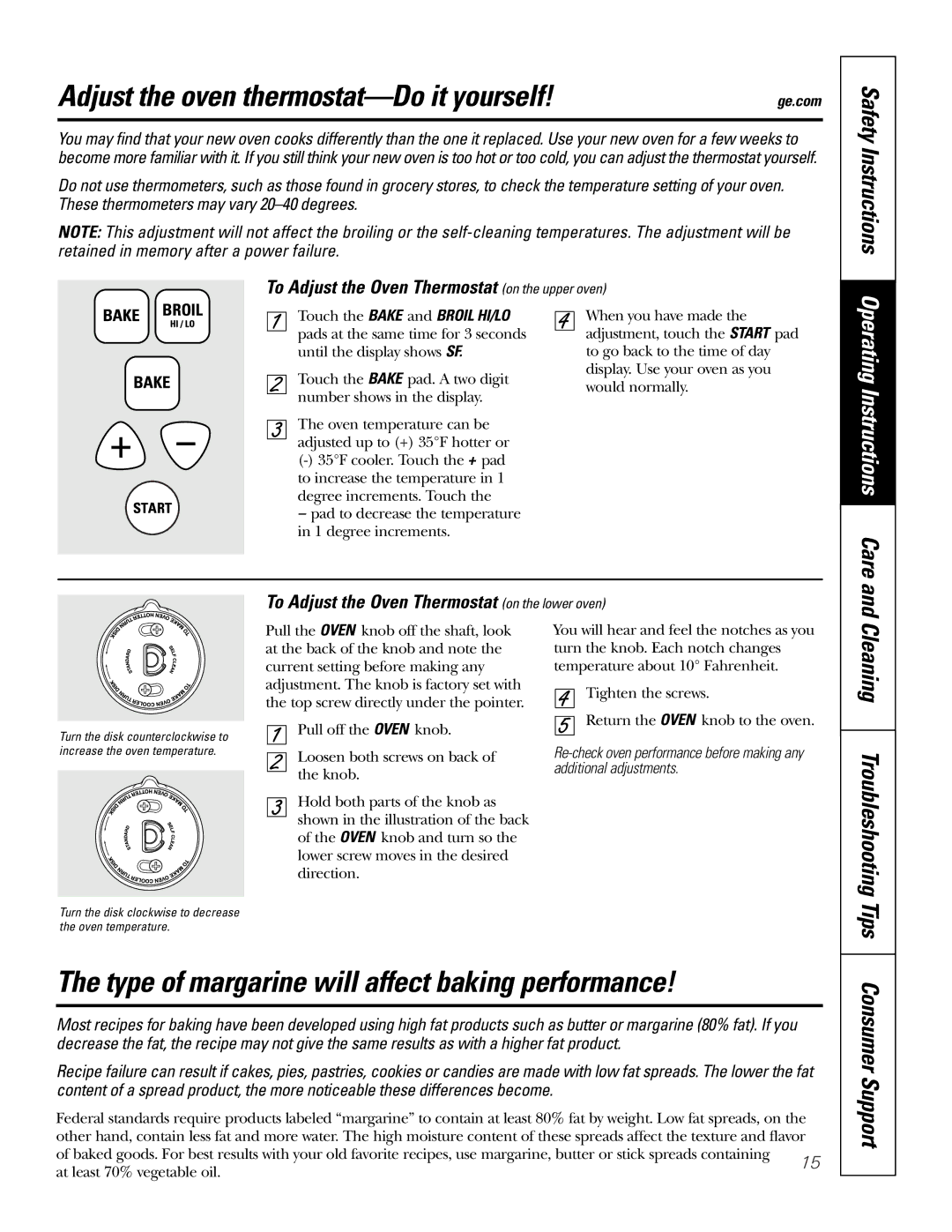 GE JRP28 owner manual Adjust the oven thermostat-Do it yourself, Type of margarine will affect baking performance 