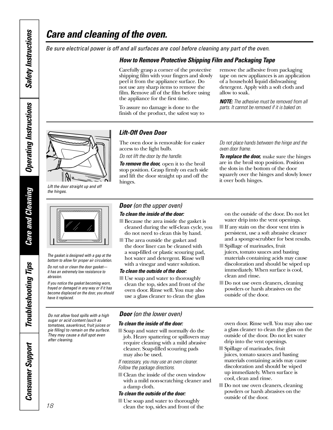 GE JRP28 owner manual Care and cleaning of the oven, Cleaning Operating, Troubleshooting Tips Care, Lift-Off Oven Door 