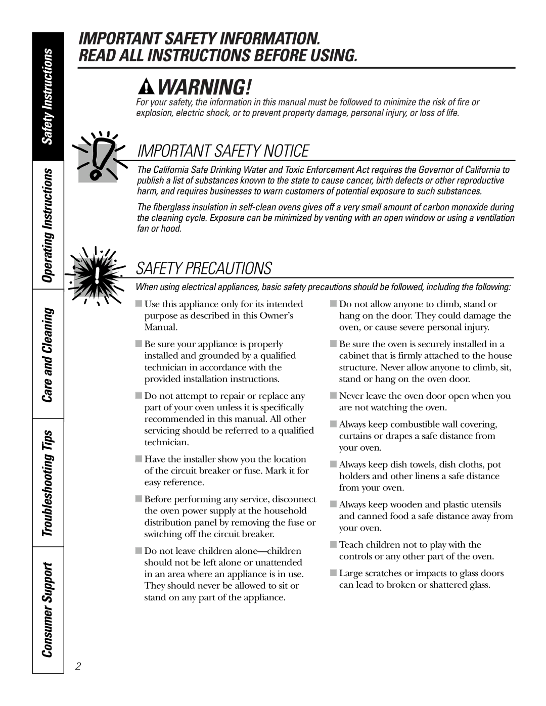 GE JRP28 owner manual Operating Instructions Safety Instructions, Consumer Support Troubleshooting Tips Care and Cleaning 