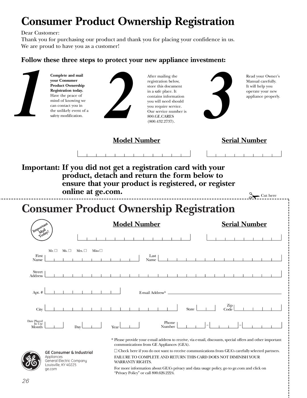 GE JRP28 owner manual Consumer Product Ownership Registration 