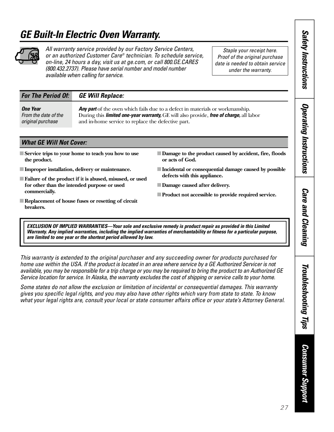 GE JRP28 GE Built-In Electric Oven Warranty, Safety Instructions Operating, GE Will Replace, What GE Will Not Cover 