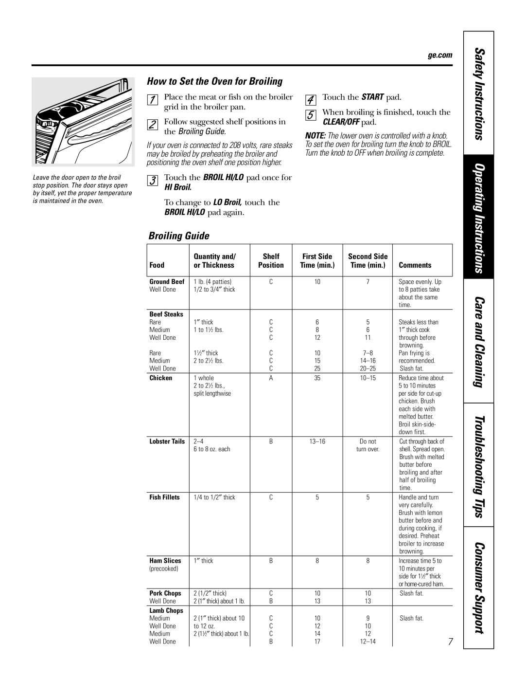 GE JRP28 owner manual Instructions Operating, How to Set the Oven for Broiling, Broiling Guide, Safety, HI Broil 