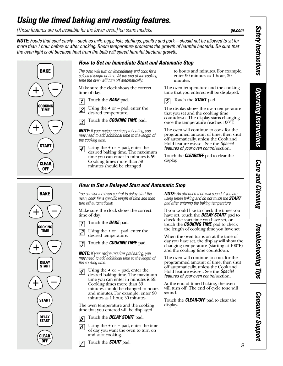 GE JRP28 owner manual Using the timed baking and roasting features, Cleaning Troubleshooting Tips Consumer Support 