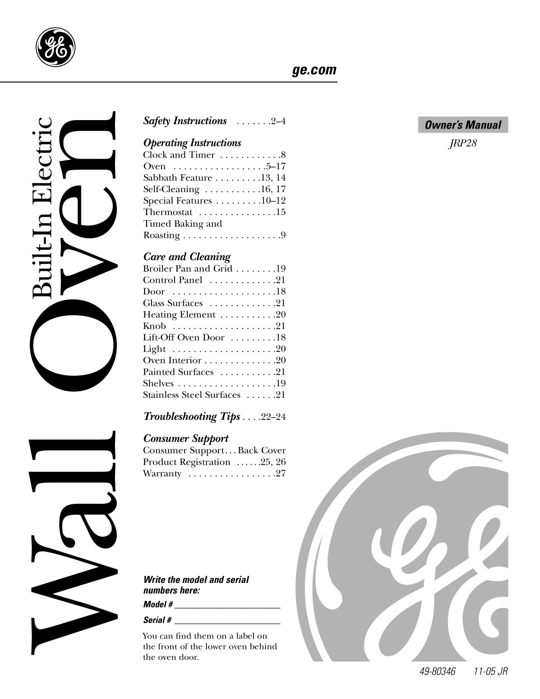 GE JRP28 owner manual Write the model and serial numbers here, Wall OvenBuilt-In Electric, ge.com, Care and Cleaning 
