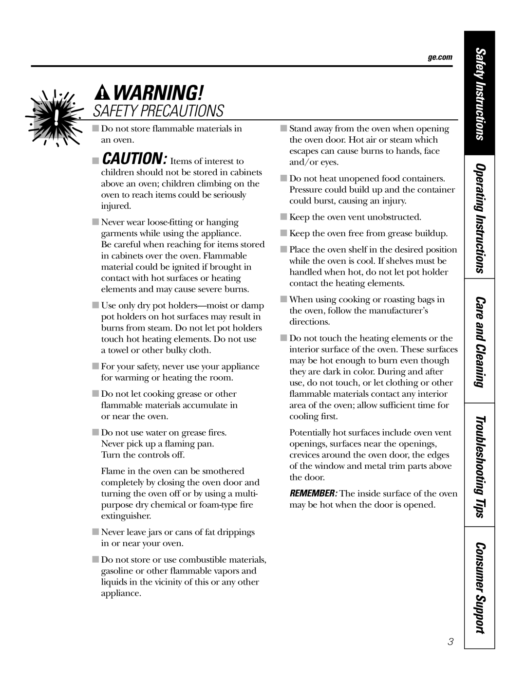 GE JRP28 owner manual Safety Precautions, Do not store flammable materials in an oven 