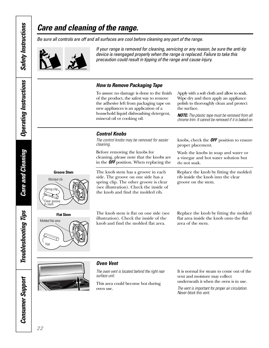 GE JRP80 Care and cleaning of the range, Cleaning Operating Instructions Safety Instructions, Troubleshooting Tips 