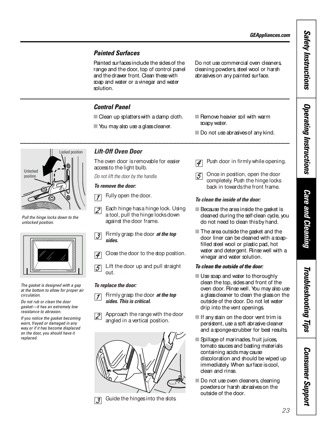 GE JRP80 owner manual Safety Instructions Operating, Painted Surfaces, Control Panel, Lift-Off Oven Door 