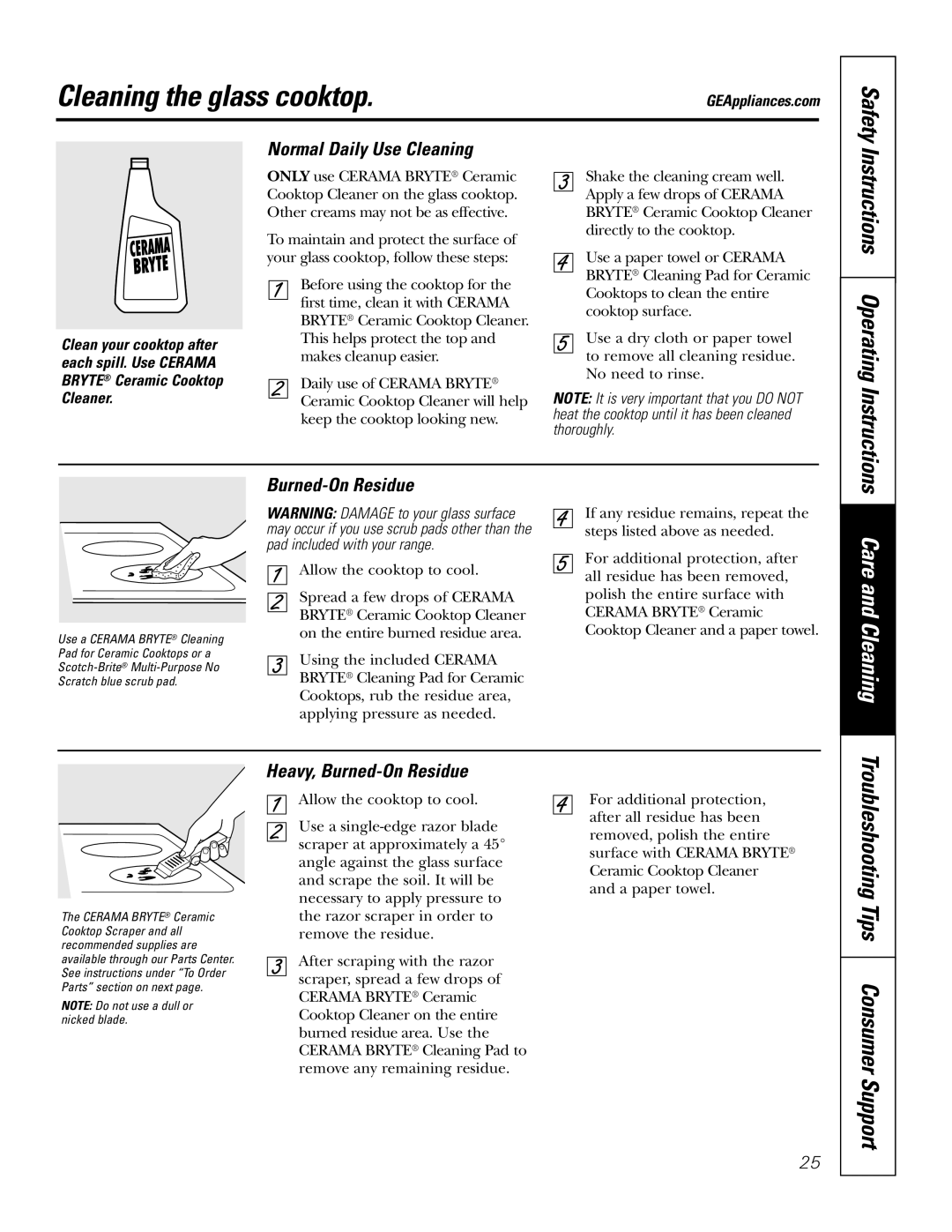 GE JRP80 Cleaning the glass cooktop, Instructions Operating Instructions, Normal Daily Use Cleaning, Burned-On Residue 