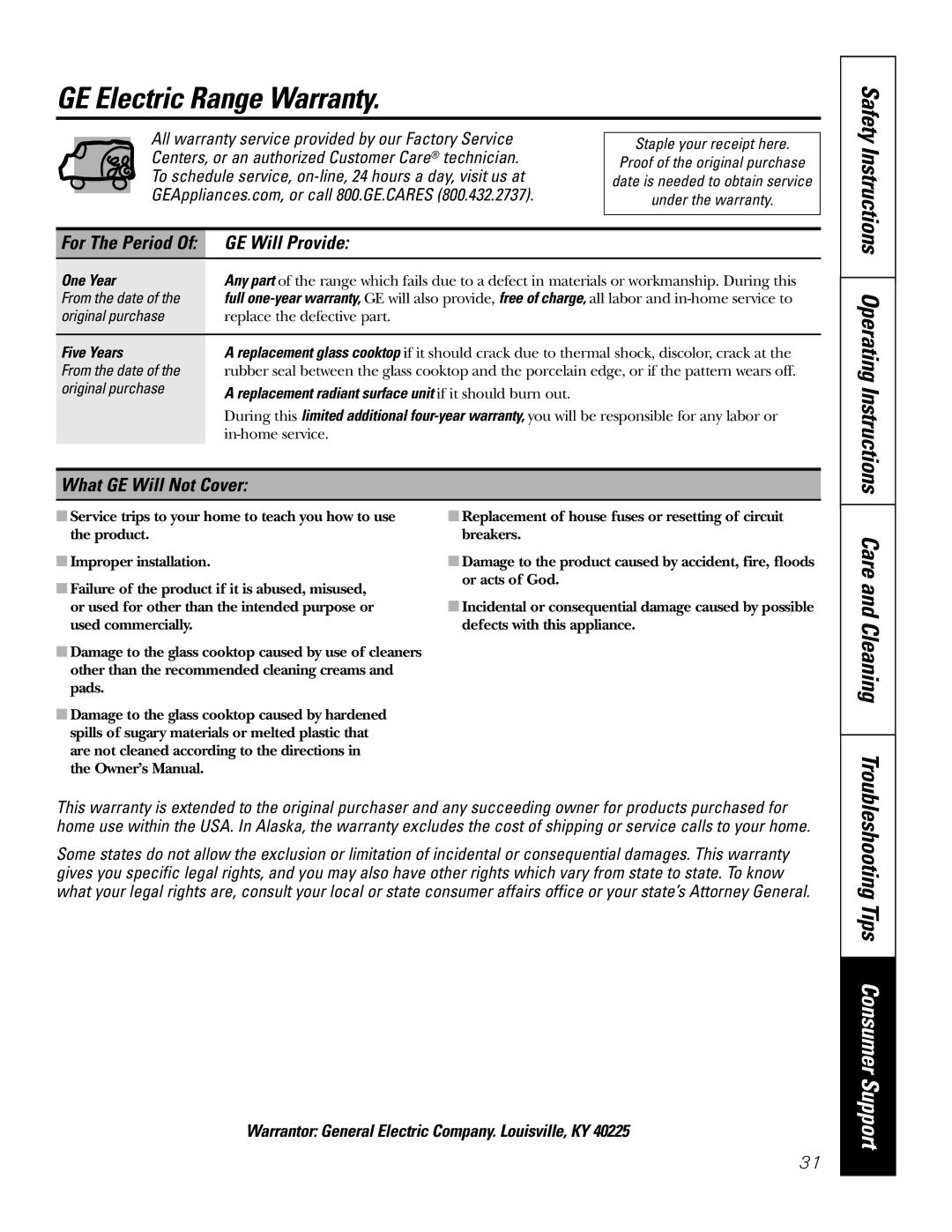 GE JRP80 GE Electric Range Warranty, Safety Instructions Operating Instructions, Troubleshooting Tips Consumer Support 