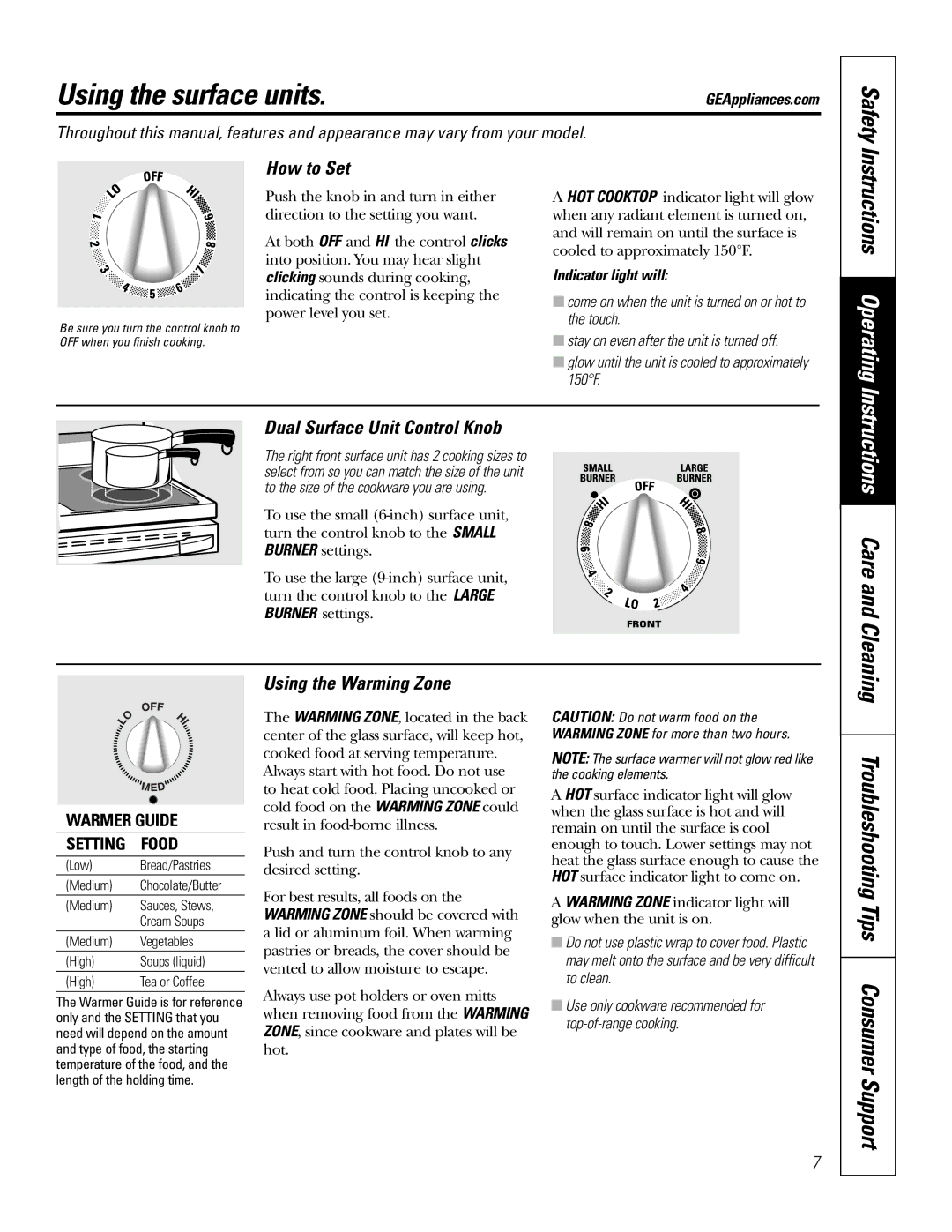 GE JRP80 owner manual Using the surface units, Safety, Instructions Operating, Instructions Care and Cleaning 