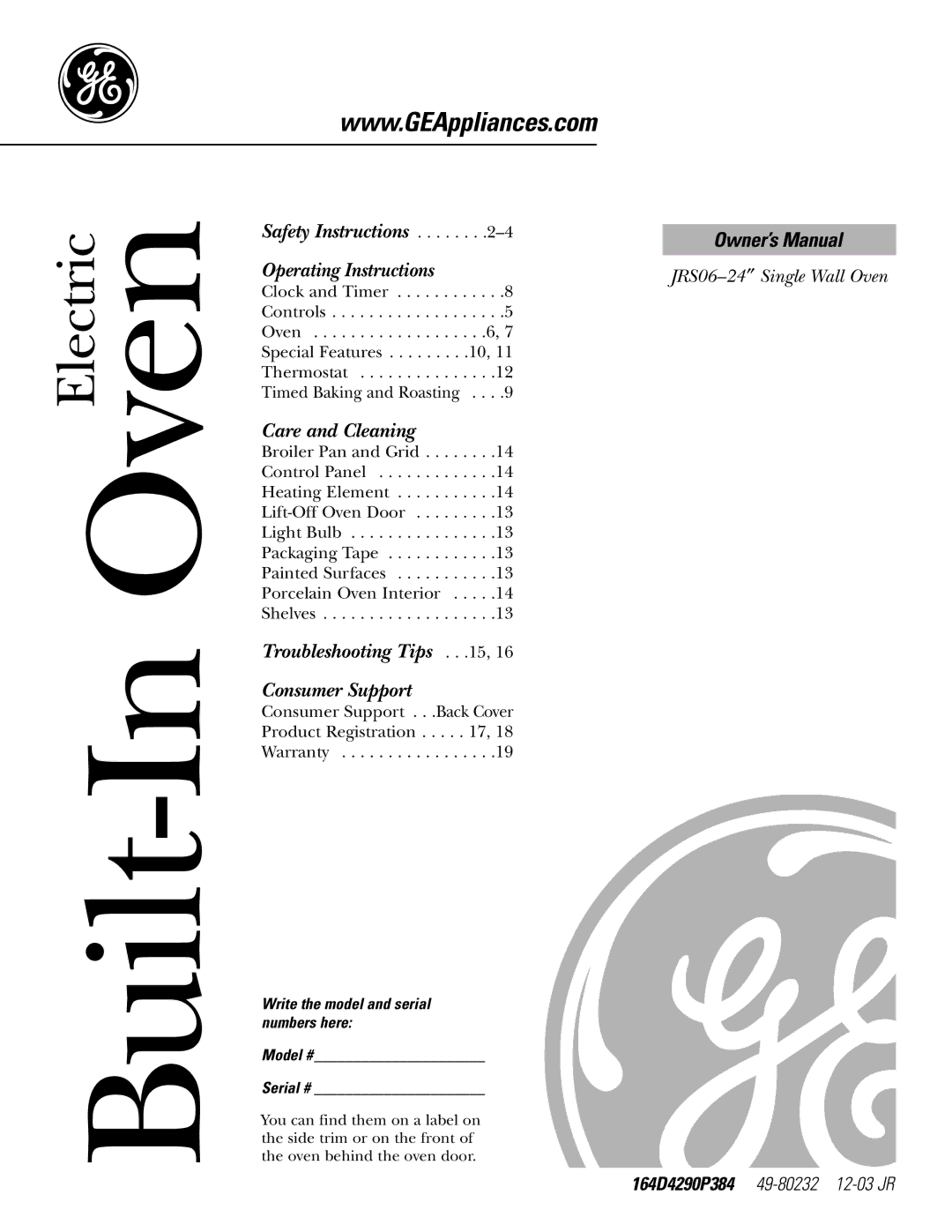 GE JRS0624 owner manual Built-In Oven, Write the model and serial numbers here Model # Serial # 