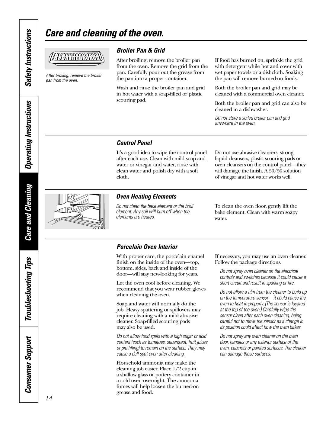 GE JRS0624 Instructions Safety, Broiler Pan & Grid, Control Panel, Oven Heating Elements, Porcelain Oven Interior 