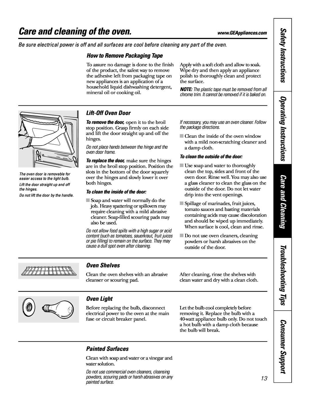GE JRS0624 Care and cleaning of the oven, Instructions Care and Cleaning, Troubleshooting Tips Consumer Support, Safety 