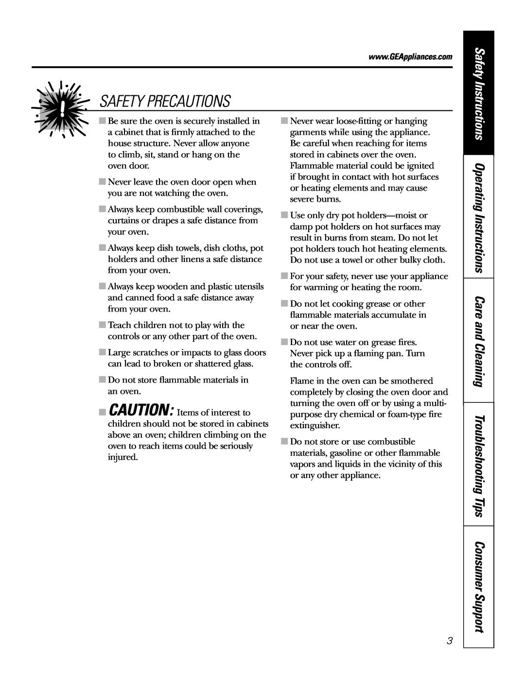 GE JRS0624 owner manual Safety Precautions, Do not store flammable materials in an oven 