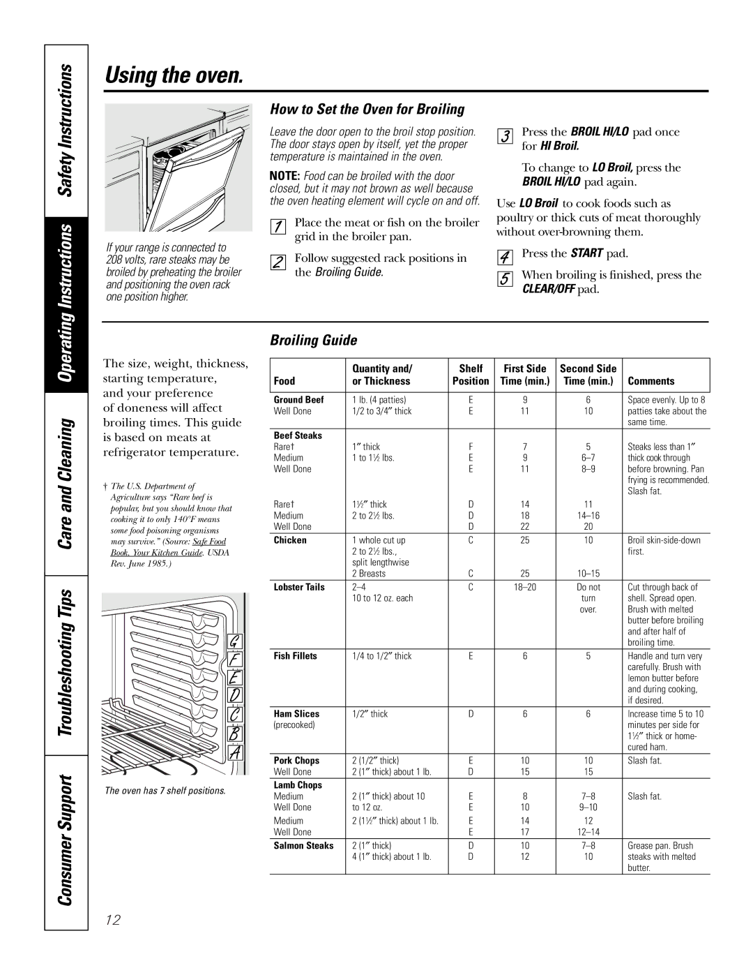 GE JS900, JD900 owner manual How to Set the Oven for Broiling, Broiling Guide, For HI Broil 