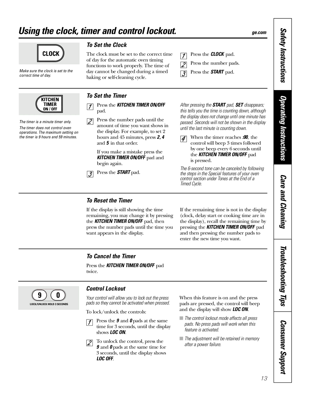 GE JD900, JS900 owner manual Using the clock, timer and control lockout, Tips Consumer Support 