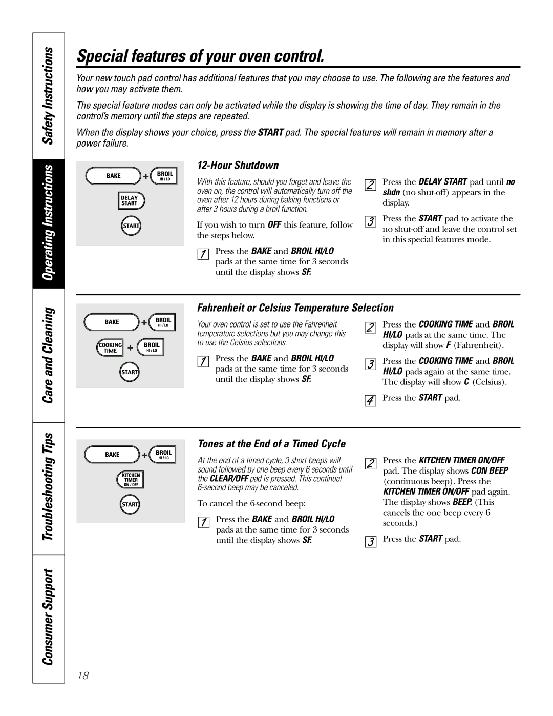 GE JS900 Special features of your oven control, Care and Cleaning, Consumer Support Troubleshooting Tips, Hour Shutdown 