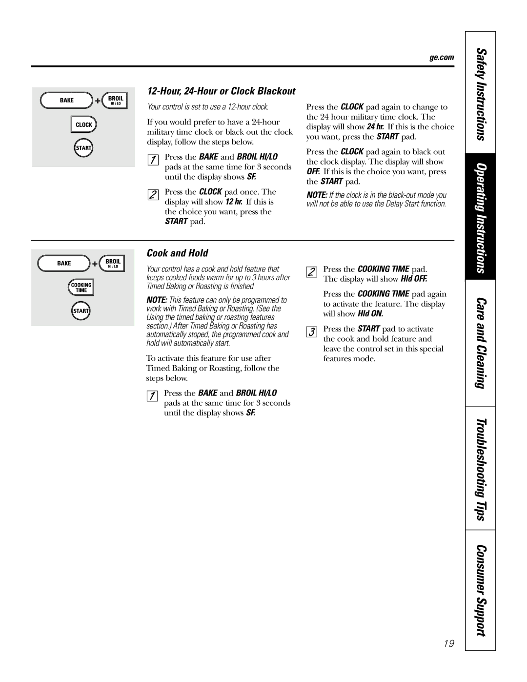 GE JD900, JS900 Care and Cleaning Troubleshooting Tips Consumer Support, Cook and Hold, Hour, 24-Hour or Clock Blackout 