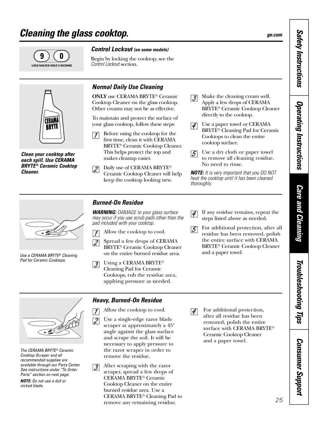 GE JD900, JS900 owner manual Cleaning the glass cooktop, Tips Consumer Support, Operating Instructions Care 