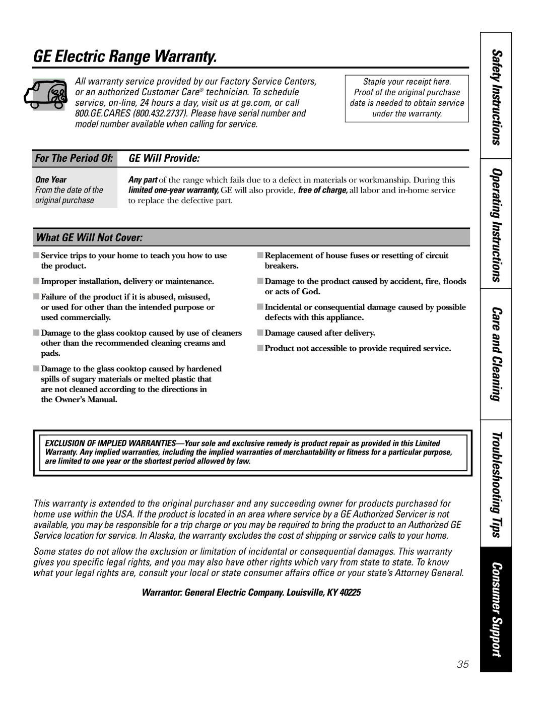 GE JD900, JS900 GE Electric Range Warranty, Safety Instructions Operating, Troubleshooting Tips Consumer Support 