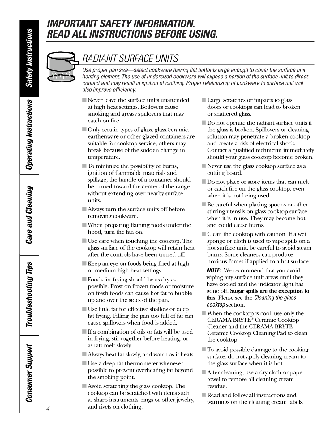 GE JS900, JD900 owner manual Radiant Surface Units 