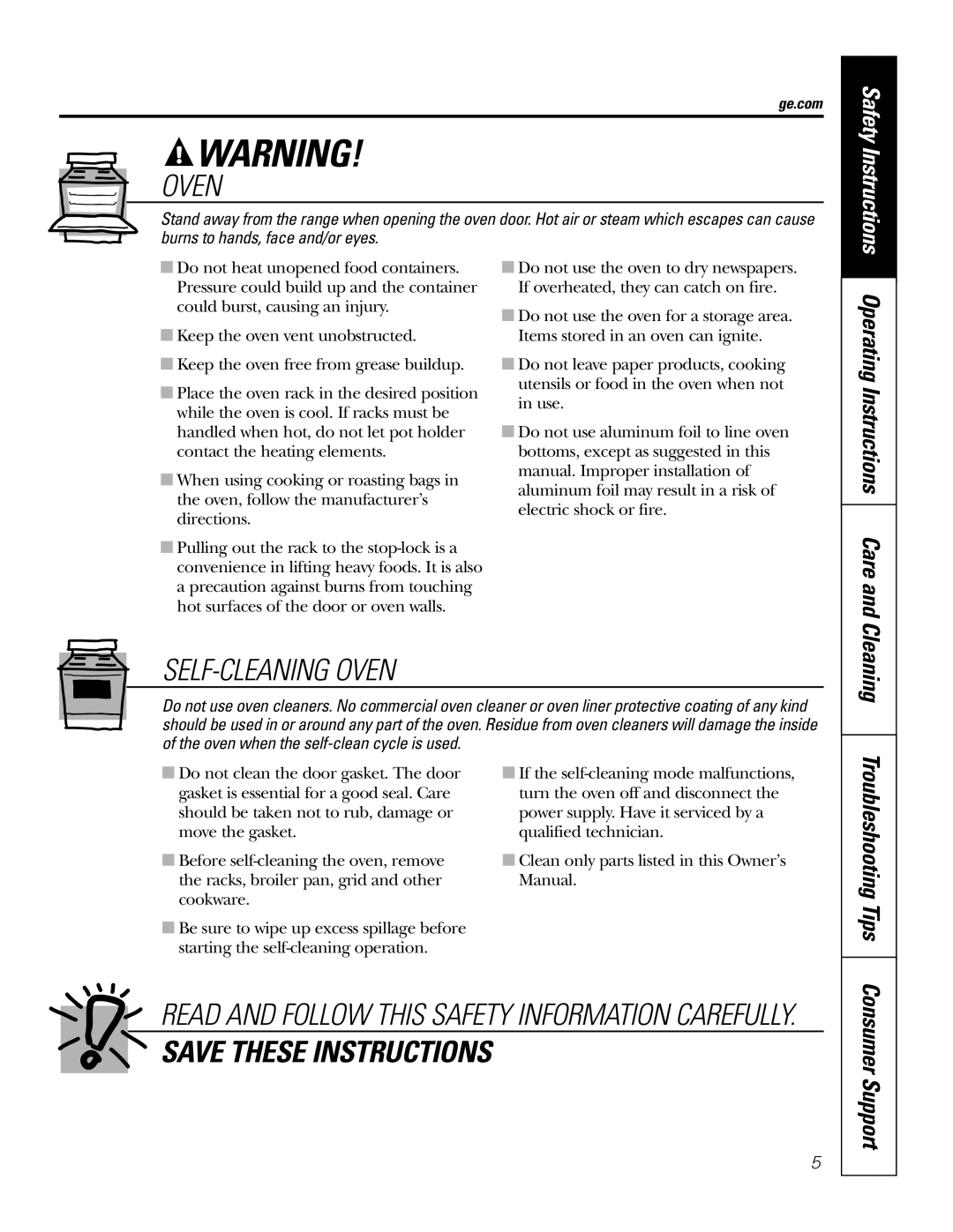 GE JD900, JS900 Self-Cleaning Oven, Save These Instructions, Operating Instructions Care and, Troubleshooting Tips 