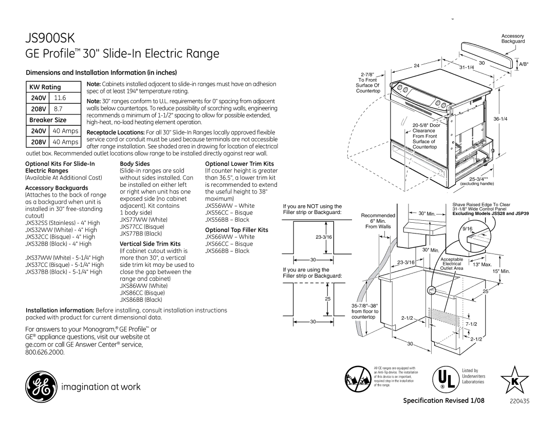 GE JS900SK dimensions Optional Kits For Slide-In Electric Ranges, Body Sides, Vertical Side Trim Kits 