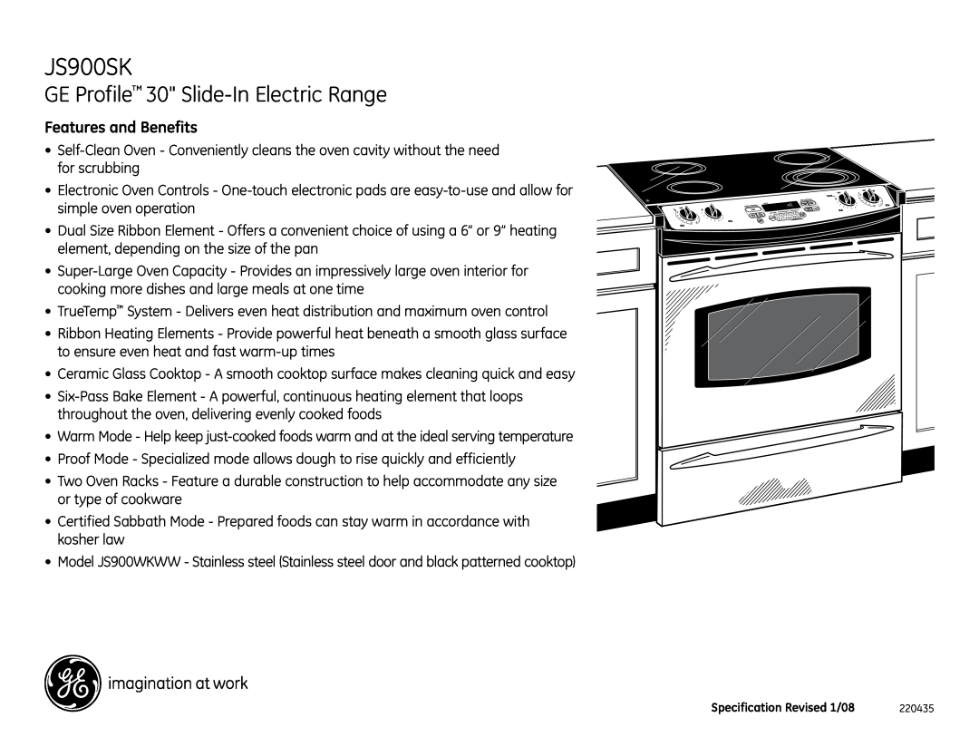 GE JS900SK dimensions GE Profile 30 Slide-In Electric Range, Features and Benefits 