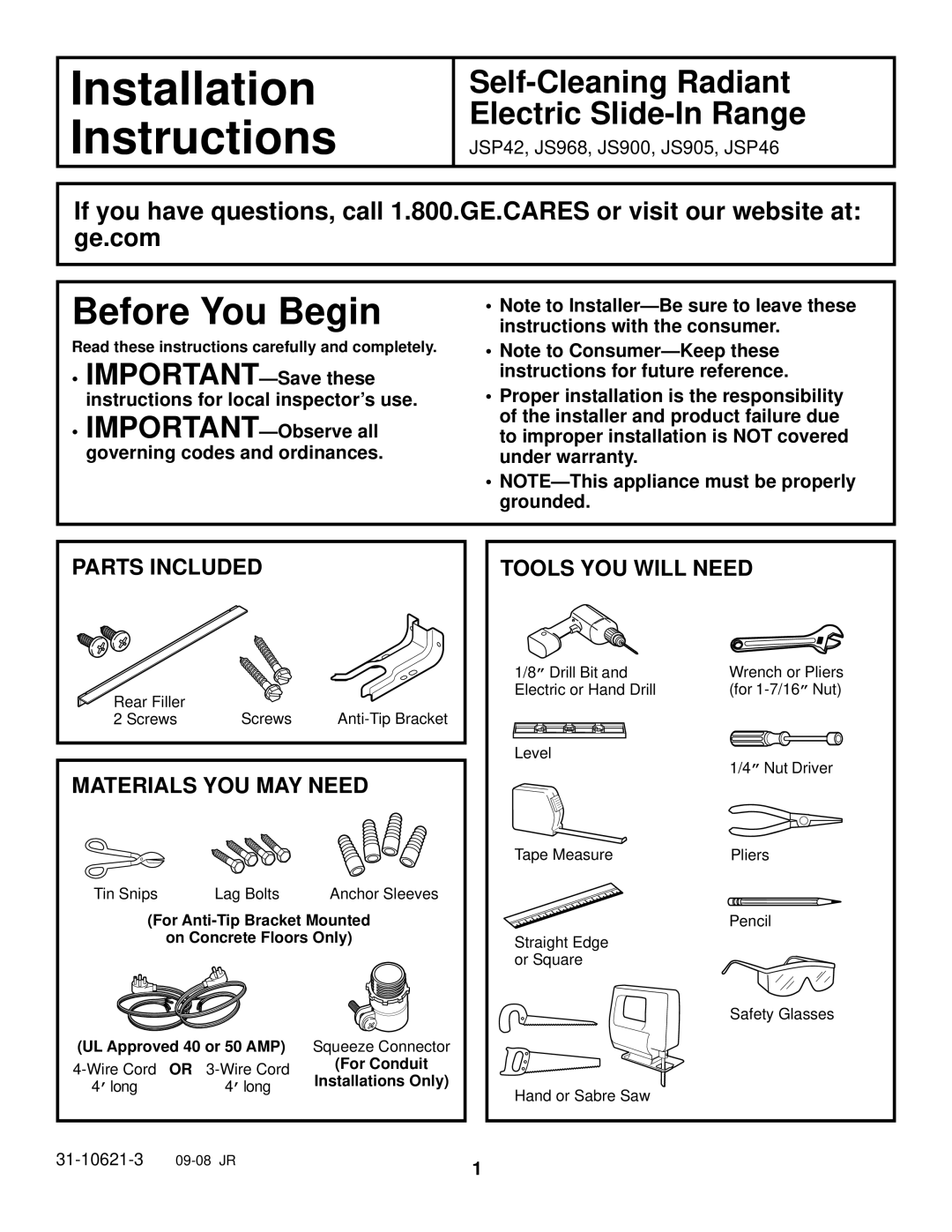 GE JS905 installation instructions Parts Included, Materials YOU MAY Need, Tools YOU will Need 