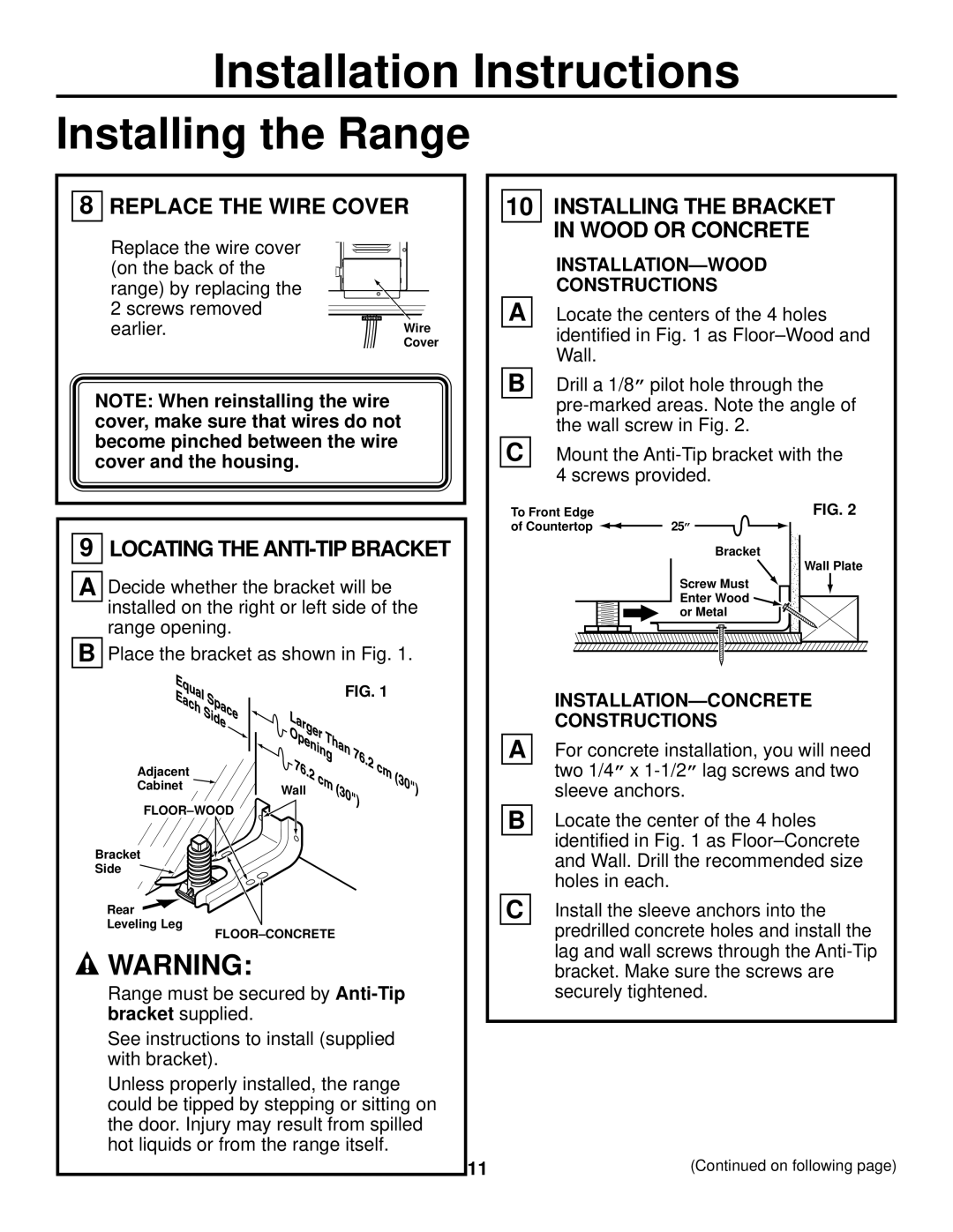 GE JS905 installation instructions Installing the Range, Replace the Wire Cover, Locating the ANTI-TIP Bracket 