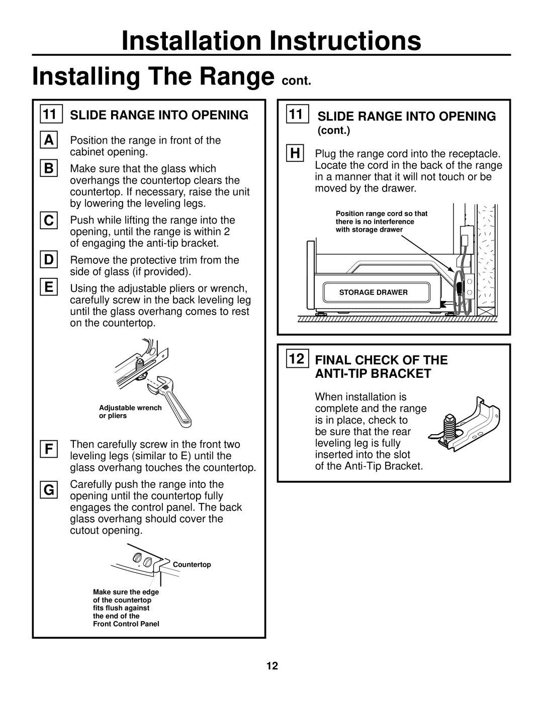 GE JS905 installation instructions Slide Range Into Opening, Final Check of the ANTI-TIP Bracket, Cont 