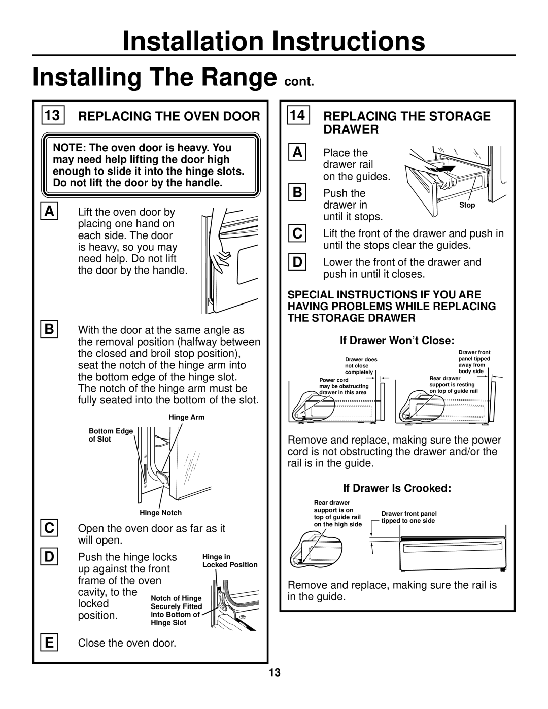 GE JS905 Replacing the Oven Door, Replacing the Storage Drawer, If Drawer Won’t Close, If Drawer Is Crooked 