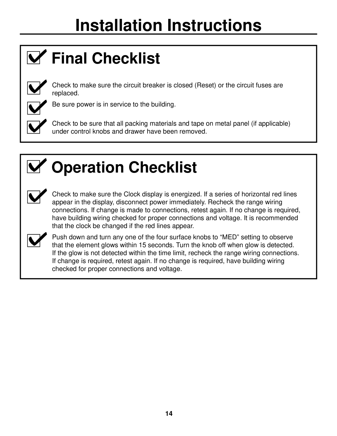 GE JS905 installation instructions Final Checklist, Operation Checklist 