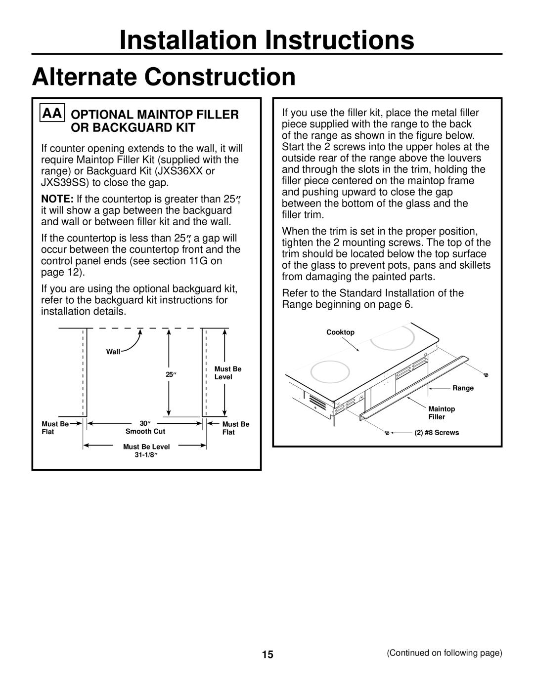 GE JS905 installation instructions Alternate Construction, AA Optional Maintop Filler or Backguard KIT 